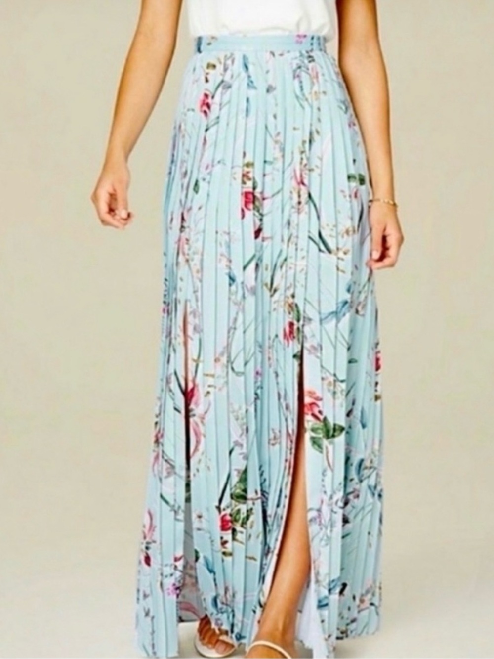 Bebe Pleated Floral Maxi Skirt in Light Blue